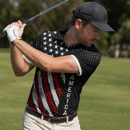 Distressed USA Flag Golf Polo Shirt - Black America Sports Top