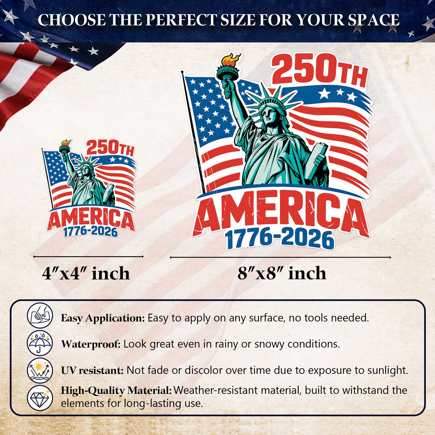 🔥 LIMITED TIME OFFER - USA Flag Liberty Statue 250th Anniversary High Quality UV DTF 3D Decal