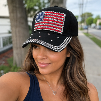 American Flag Rhinestone Bling 250th Anniversary Baseball Cap – Patriotic USA Hat