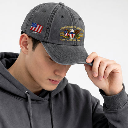 Personalized American Eagle and US Flag Printed Vintage Washed Baseball Cap | 250th Anniversary Hat
