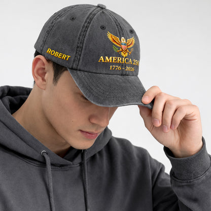 Custom Name America 250 Bald Eagle Printed Vintage Washed Baseball Cap | 250th Anniversary Hat
