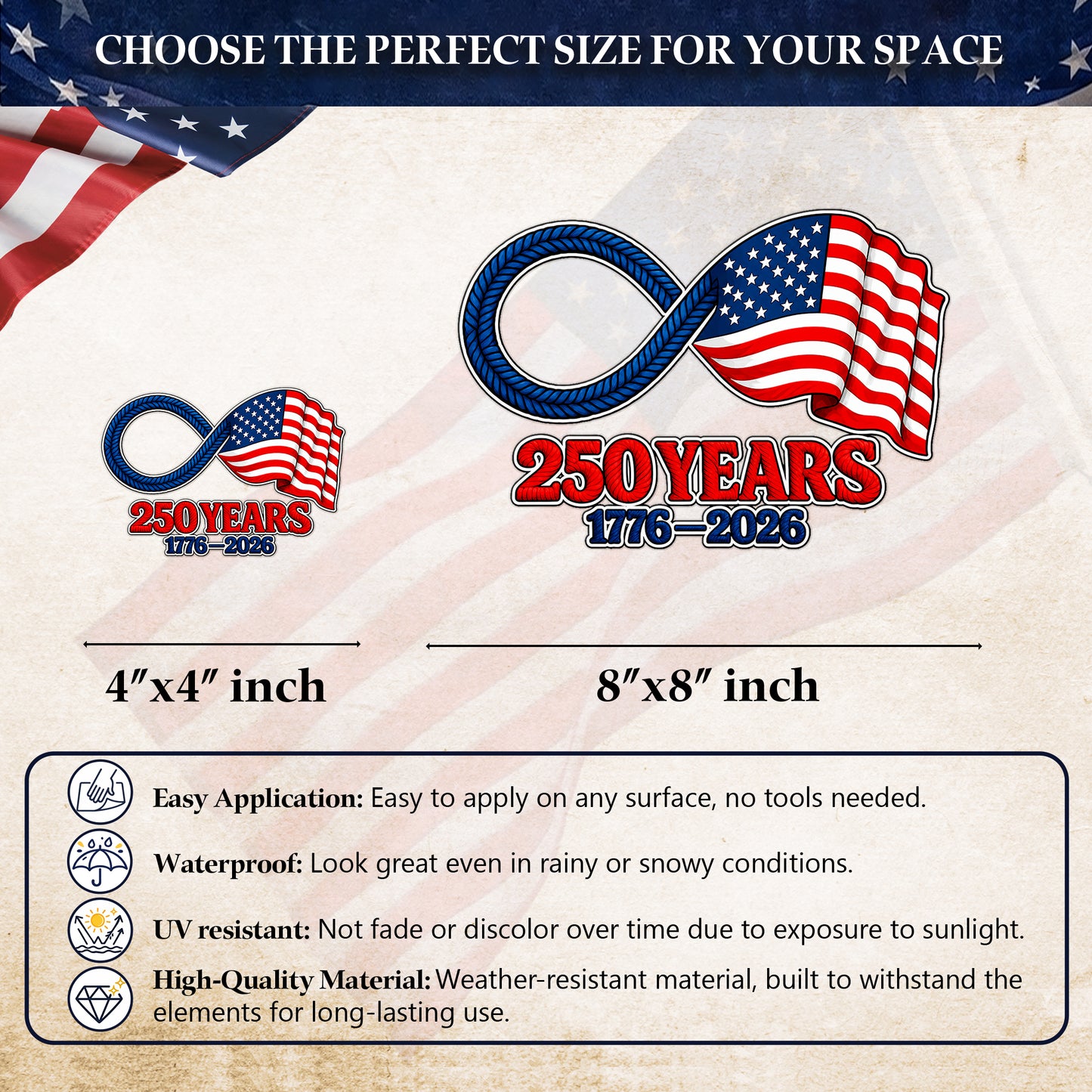 🔥 LIMITED TIME OFFER - Infinity American Flag USA 250th Anniversary High Quality UV DTF 3D Decal