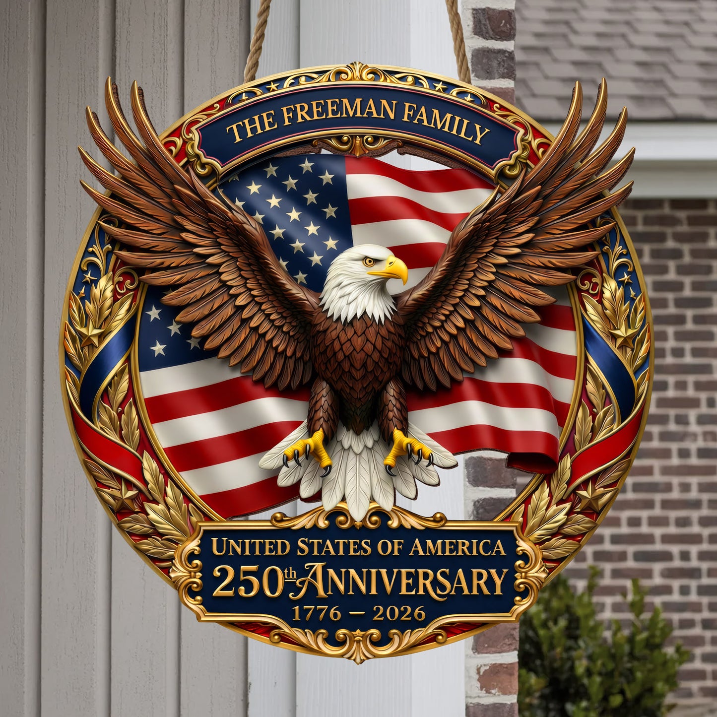 USA 250th Anniversary Custom Wood Sign Gift – Eagle & Flag Design with Personalized Family Name, 1776-2026