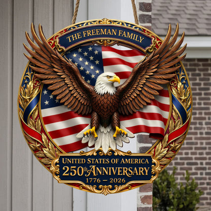 USA 250th Anniversary Custom Wood Sign Gift – Eagle & Flag Design with Personalized Family Name, 1776-2026