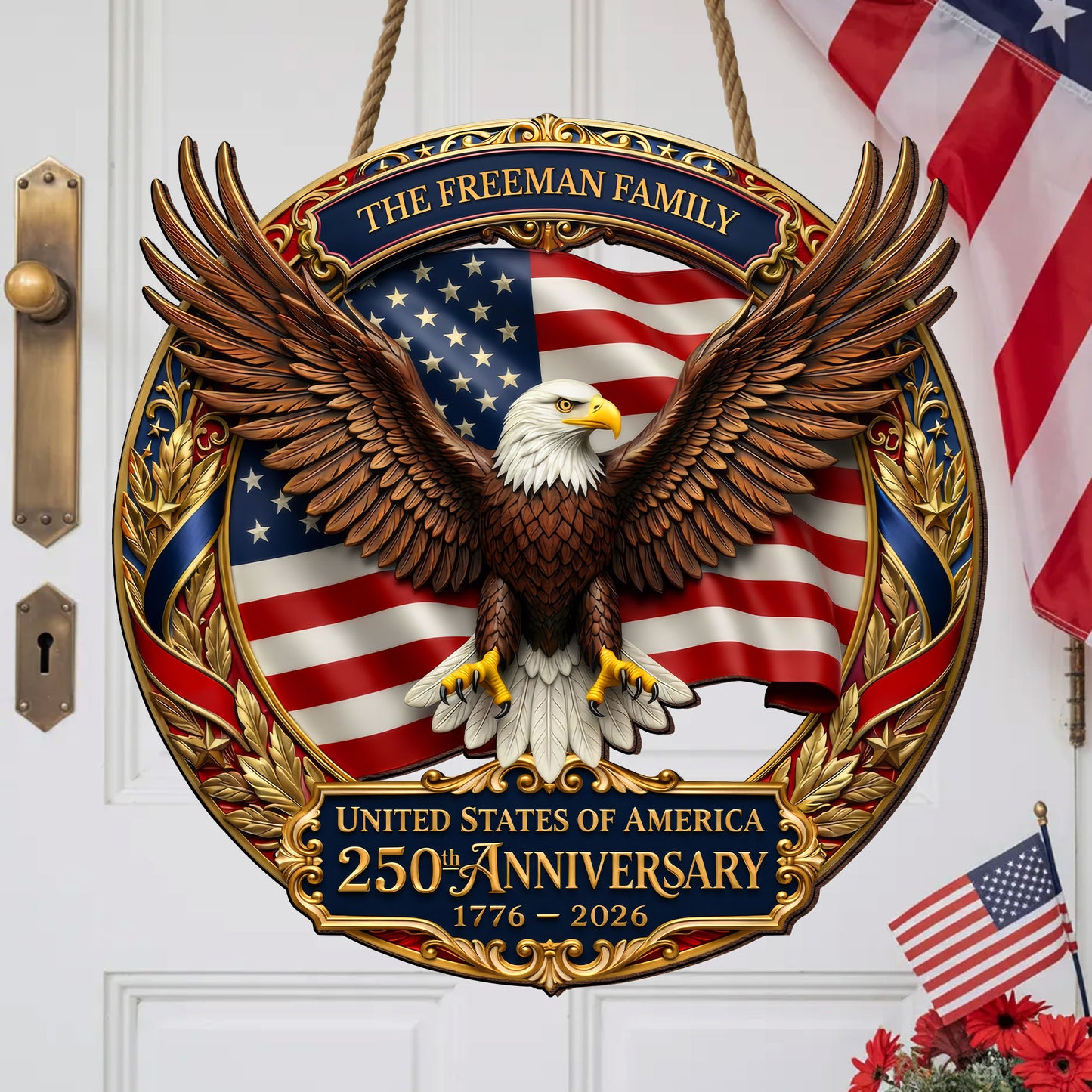 USA 250th Anniversary Custom Wood Sign Gift – Eagle & Flag Design with Personalized Family Name, 1776-2026