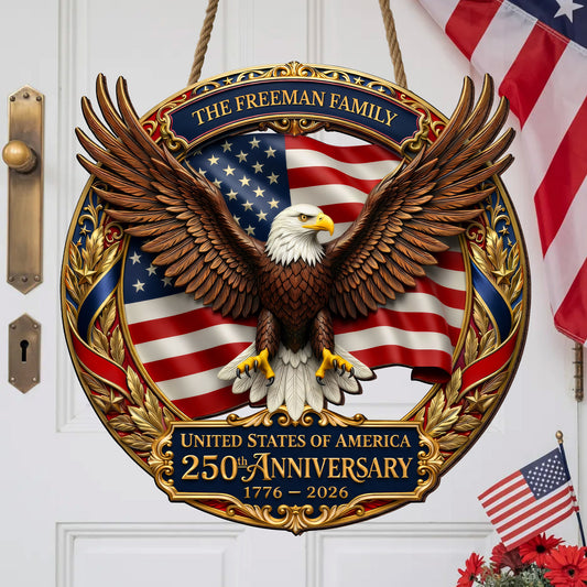 USA 250th Anniversary Custom Wood Sign Gift – Eagle & Flag Design with Personalized Family Name, 1776-2026