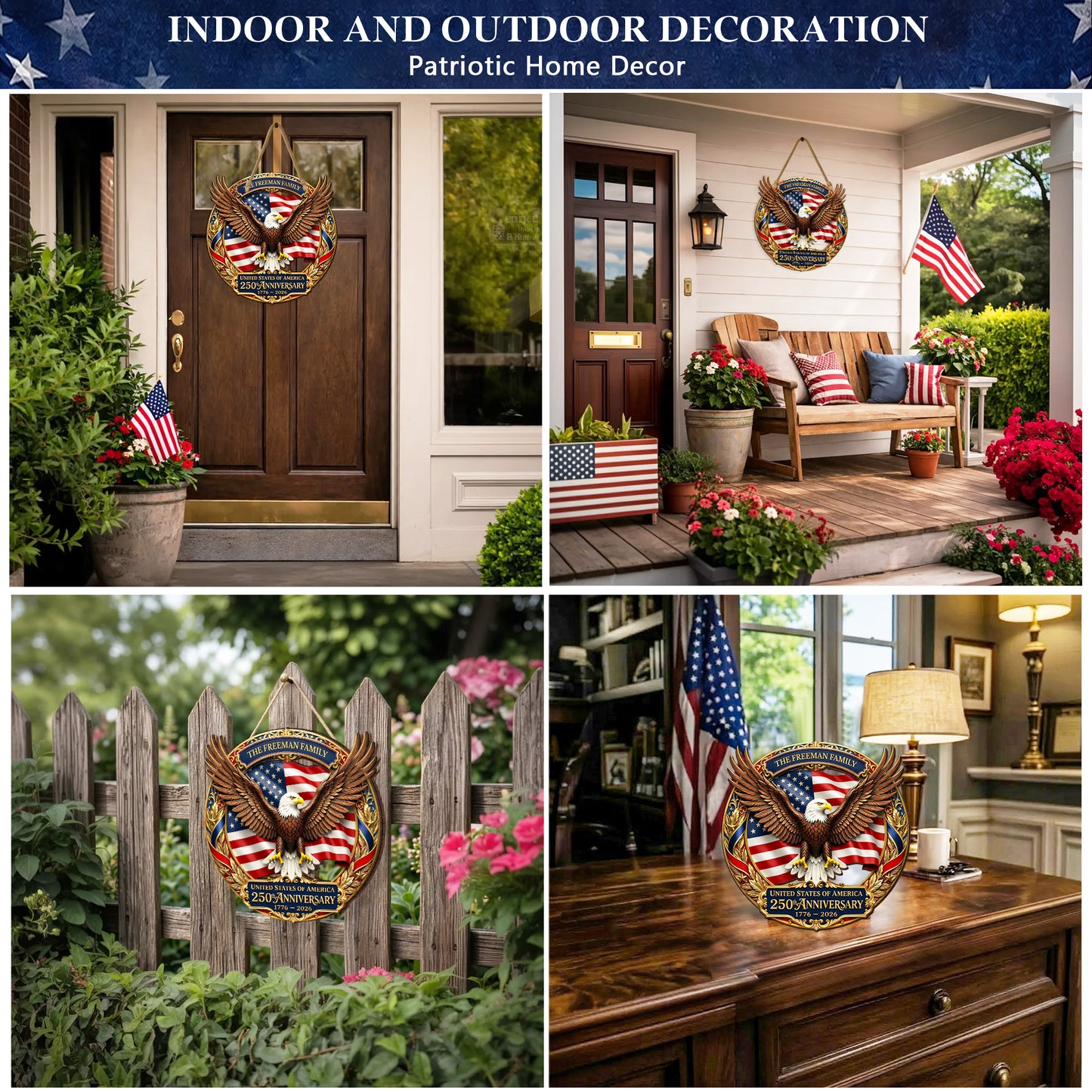 USA 250th Anniversary Custom Wood Sign Gift – Eagle & Flag Design with Personalized Family Name, 1776-2026