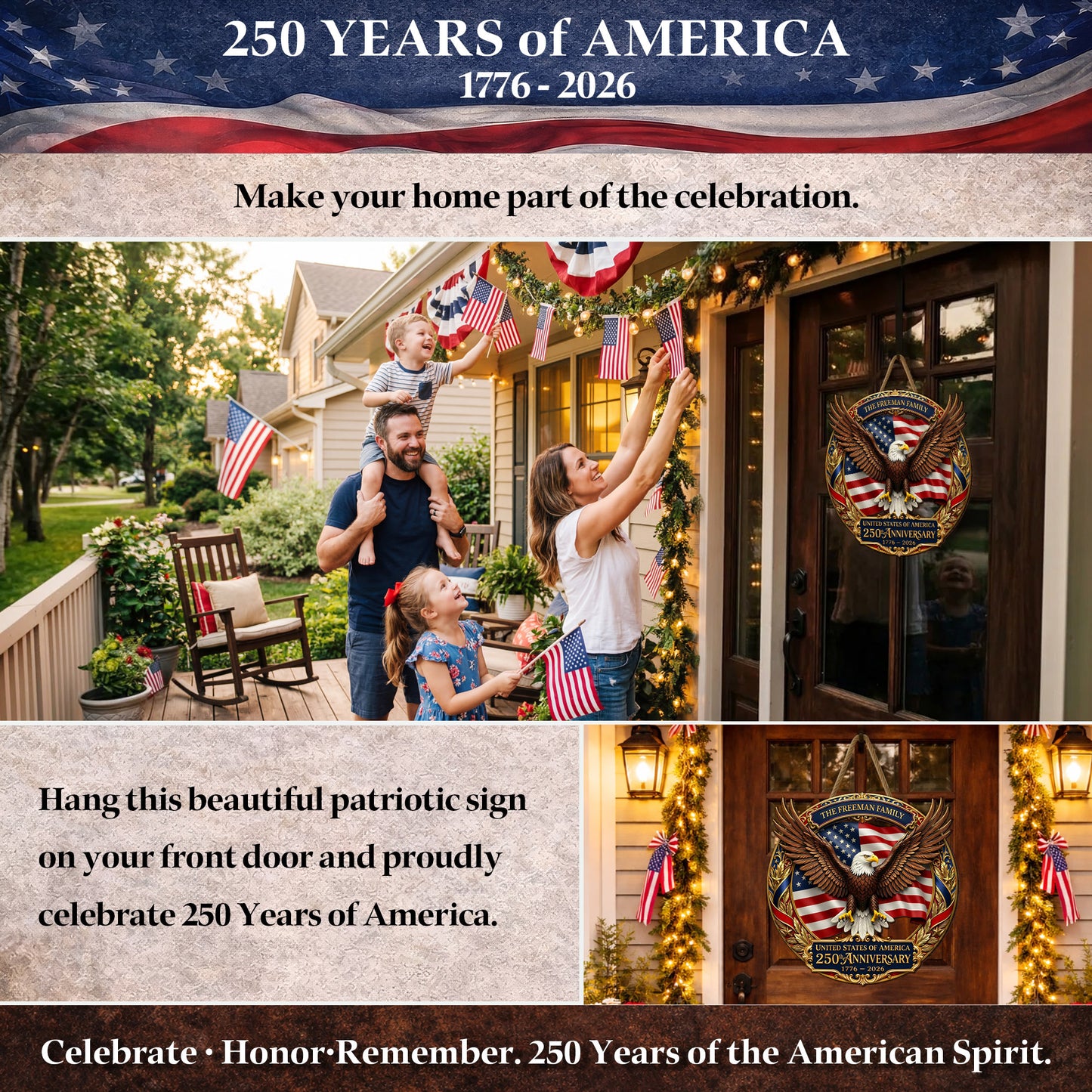 USA 250th Anniversary Custom Wood Sign Gift – Eagle & Flag Design with Personalized Family Name, 1776-2026