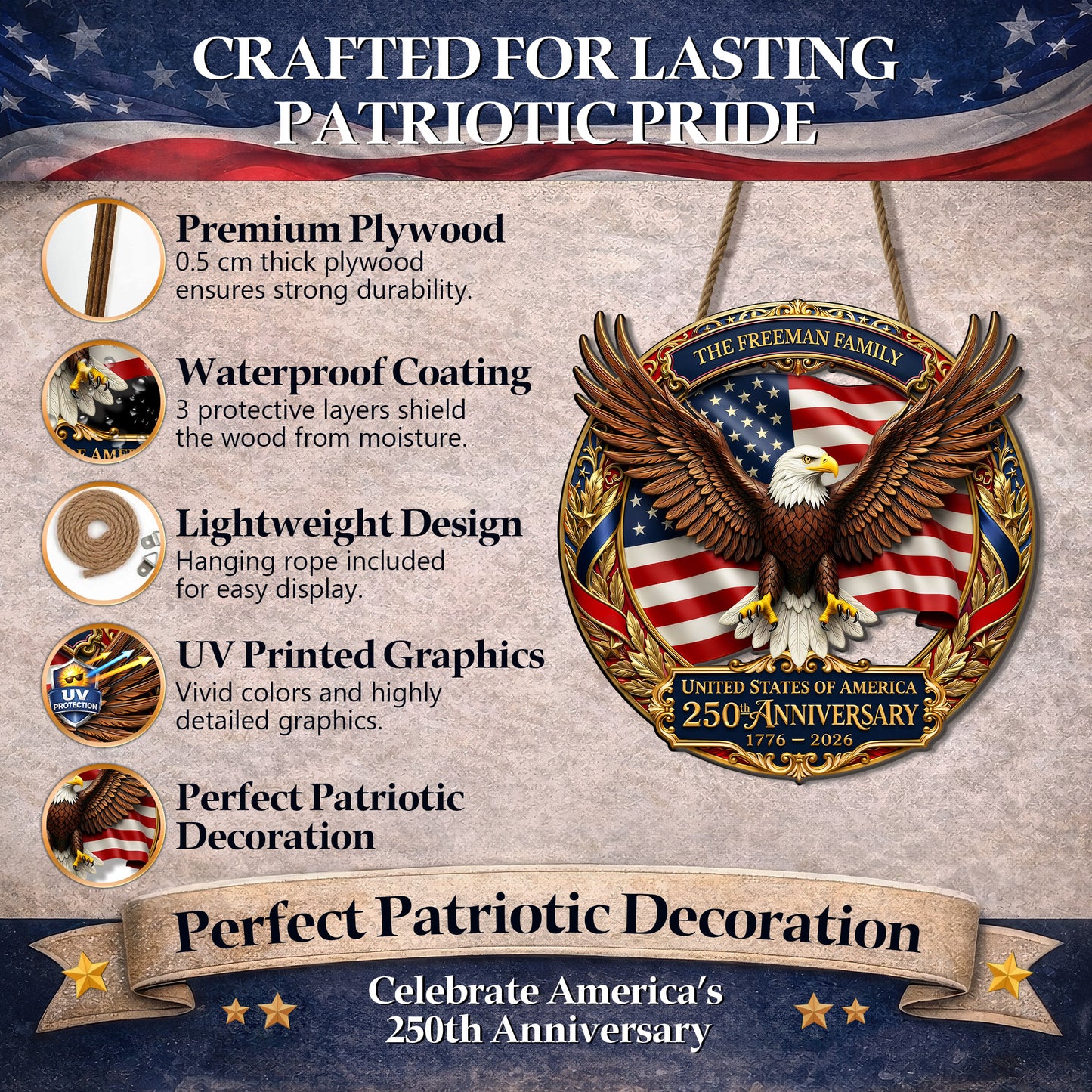 USA 250th Anniversary Custom Wood Sign Gift – Eagle & Flag Design with Personalized Family Name, 1776-2026