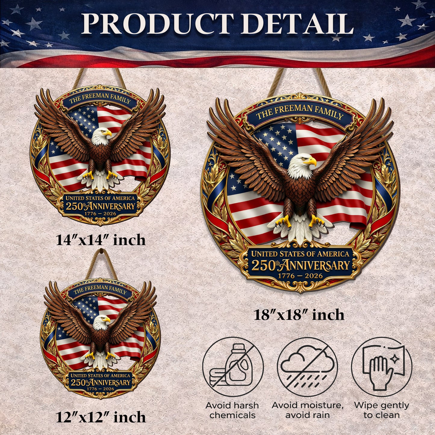 USA 250th Anniversary Custom Wood Sign Gift – Eagle & Flag Design with Personalized Family Name, 1776-2026