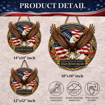 USA 250th Anniversary Custom Wood Sign Gift – Eagle & Flag Design with Personalized Family Name, 1776-2026