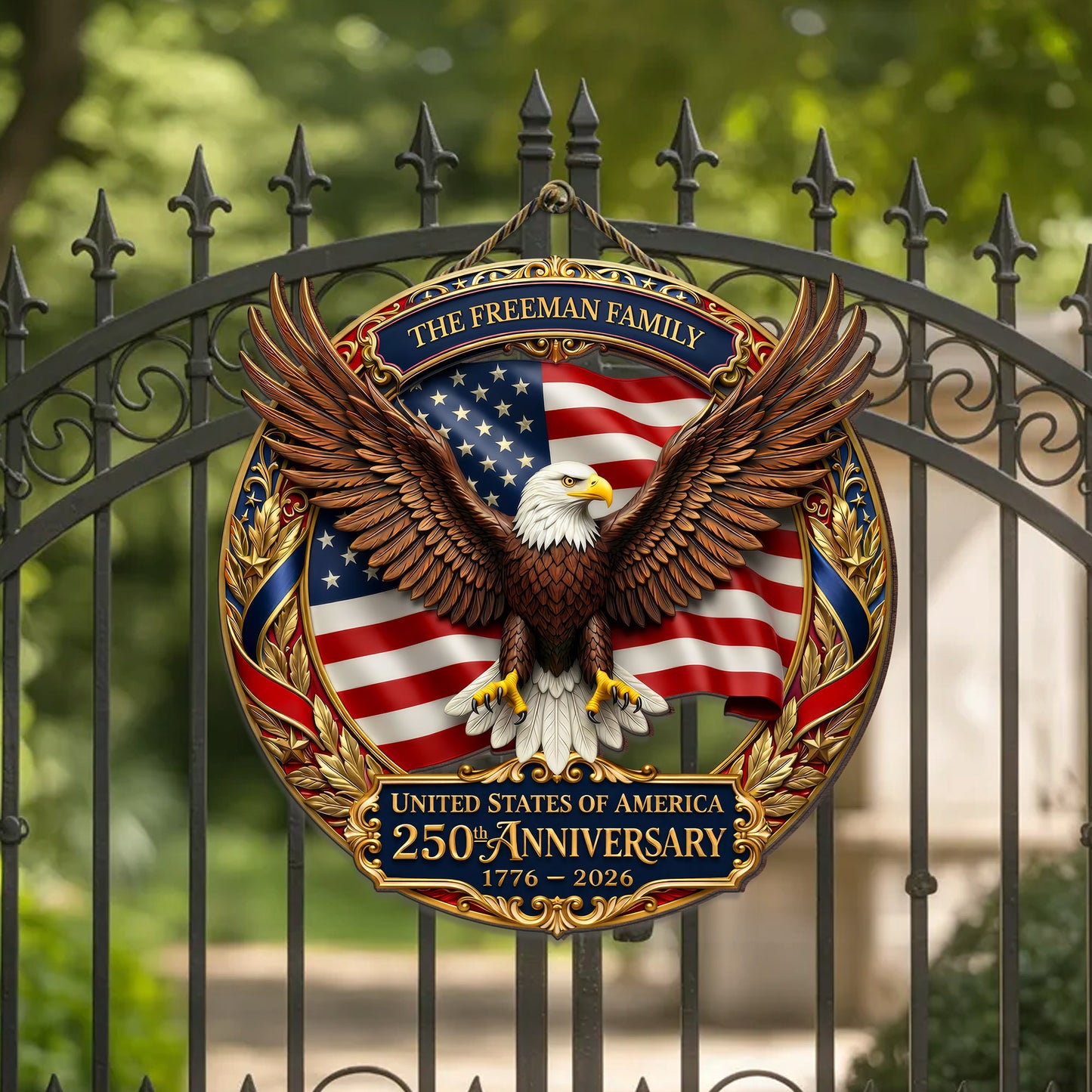 USA 250th Anniversary Custom Wood Sign Gift – Eagle & Flag Design with Personalized Family Name, 1776-2026