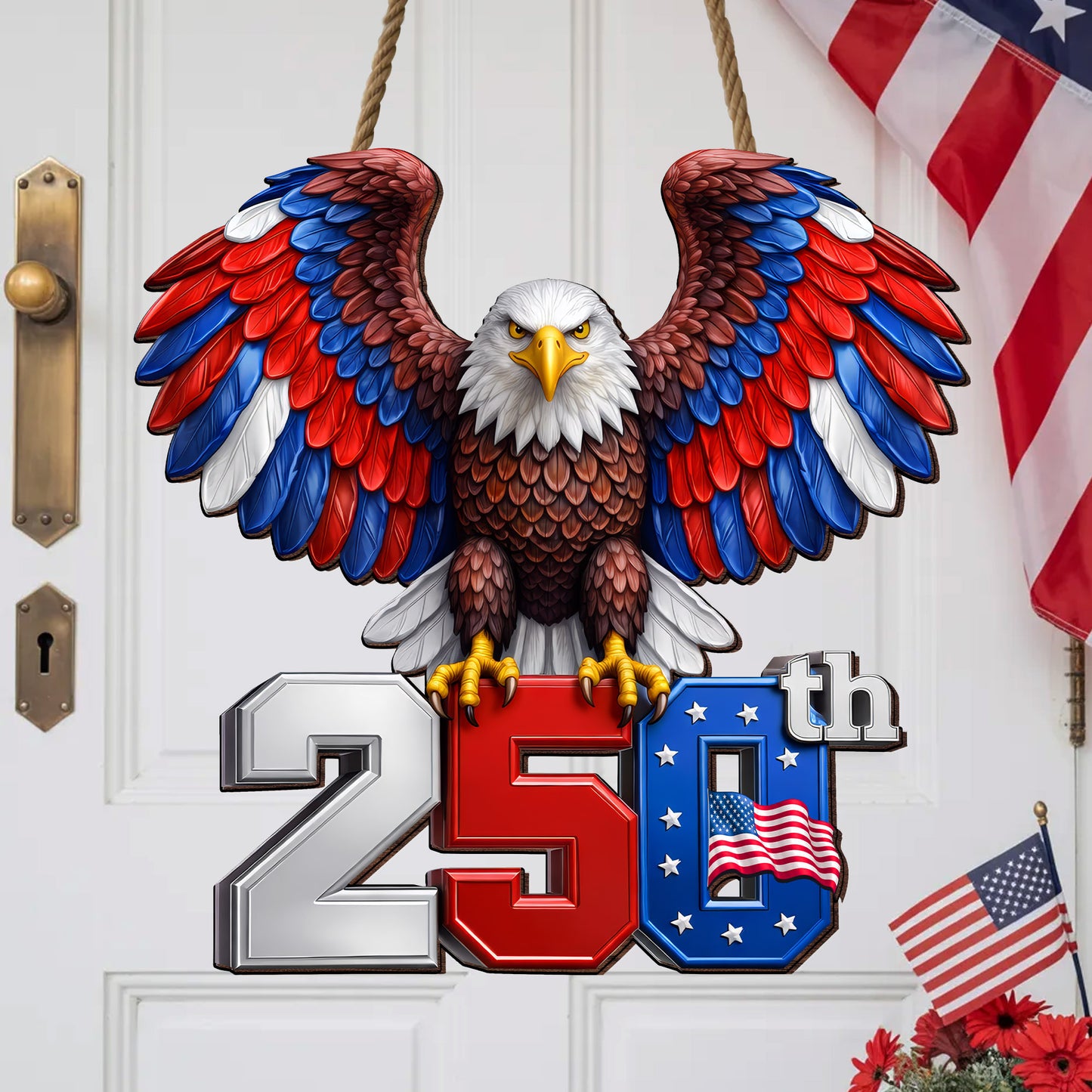 250th Anniversary Wood Sign Gift – Eagle & American Flag Design, 1776-2026