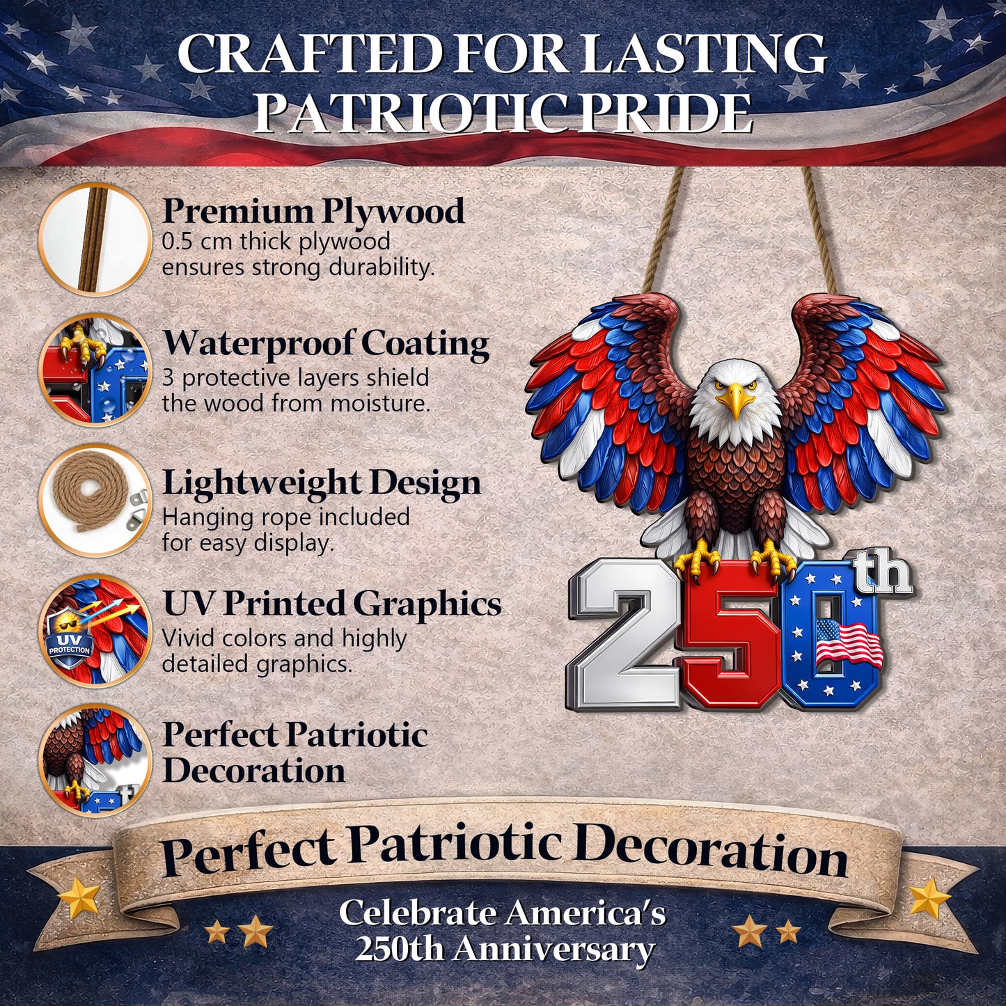250th Anniversary Wood Sign Gift – Eagle & American Flag Design, 1776-2026