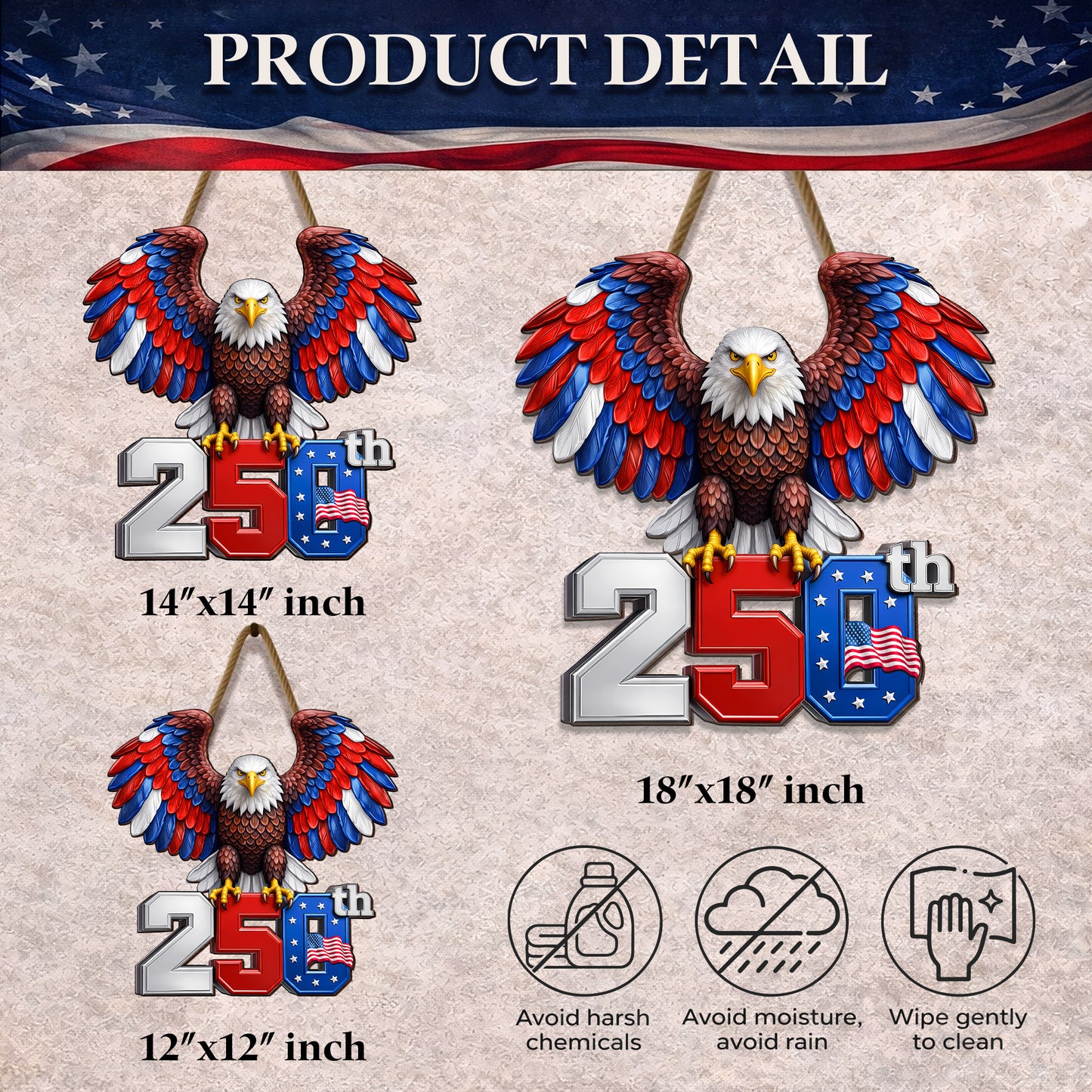 250th Anniversary Wood Sign Gift – Eagle & American Flag Design, 1776-2026