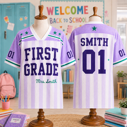 Personalized First Grade Teacher Shirt Drop Shoulder Mesh Football Jersey
