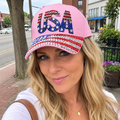 USA American Flag Rhinestone Patriotic Hat for July 4th – Patriotic Baseball Cap
