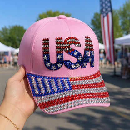 USA American Flag Rhinestone Patriotic Hat for July 4th – Patriotic Baseball Cap