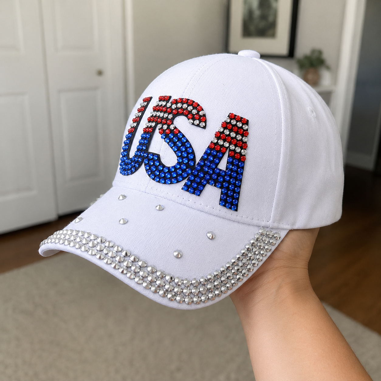 USA Rhinestone Bling American Flag Hat for July 4th  – Patriotic Baseball Cap