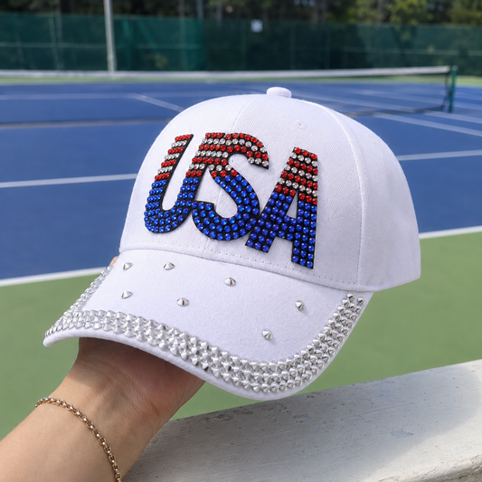 USA Rhinestone Bling American Flag Hat for July 4th  – Patriotic Baseball Cap