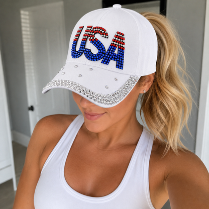 USA Rhinestone Bling American Flag Hat for July 4th  – Patriotic Baseball Cap