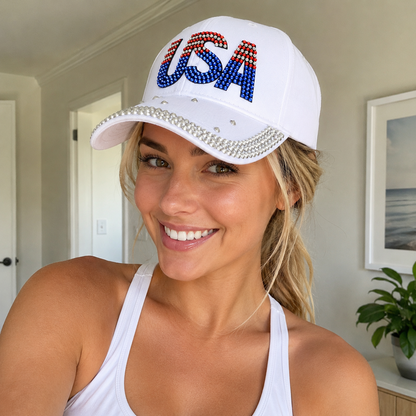 USA Rhinestone Bling American Flag Hat for July 4th  – Patriotic Baseball Cap