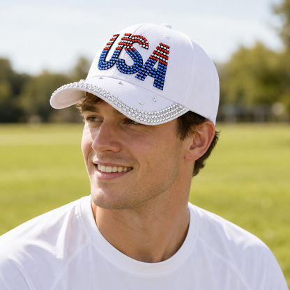 USA Rhinestone Bling American Flag Hat for July 4th  – Patriotic Baseball Cap