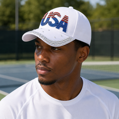 USA Rhinestone Bling American Flag Hat for July 4th  – Patriotic Baseball Cap