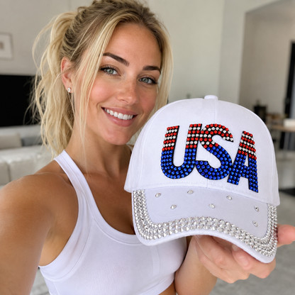 USA Rhinestone Bling American Flag Hat for July 4th  – Patriotic Baseball Cap