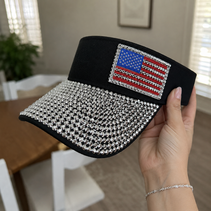 American Flag Sparkling Rhinestone Sun Visor Hat for 4th July – Patriotic Hat