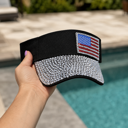 American Flag Sparkling Rhinestone Sun Visor Hat for 4th July – Patriotic Hat
