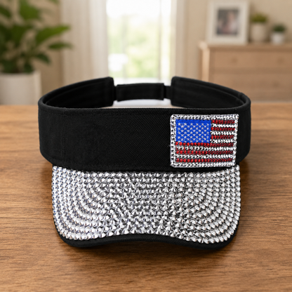 American Flag Sparkling Rhinestone Sun Visor Hat for 4th July – Patriotic Hat