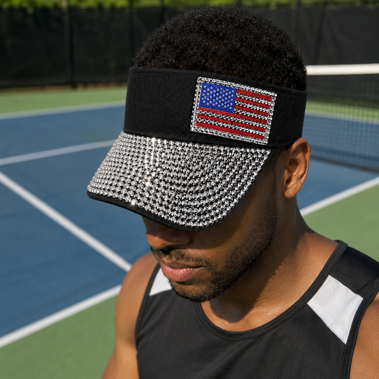 American Flag Sparkling Rhinestone Sun Visor Hat for 4th July – Patriotic Hat