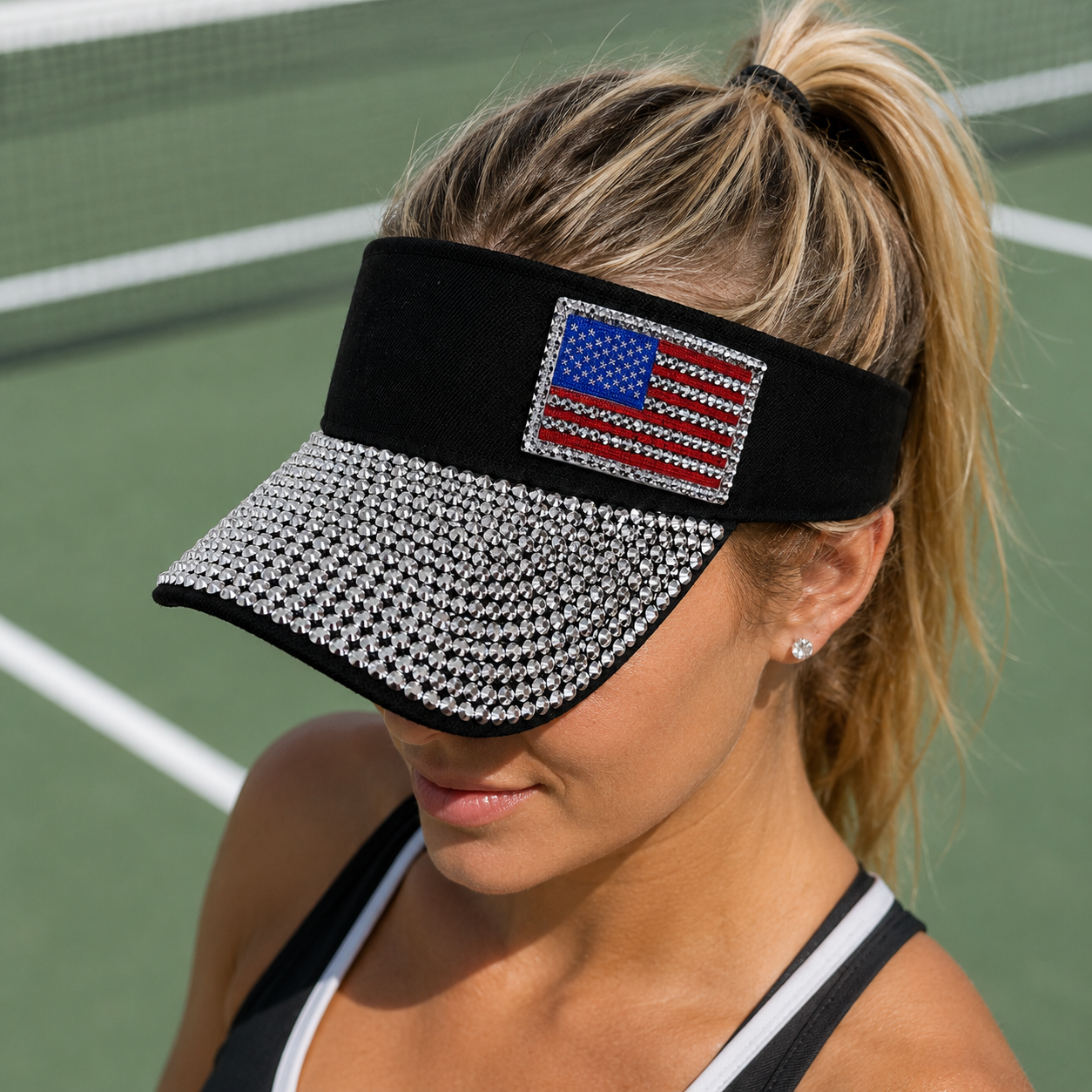 American Flag Sparkling Rhinestone Sun Visor Hat for 4th July – Patriotic Hat