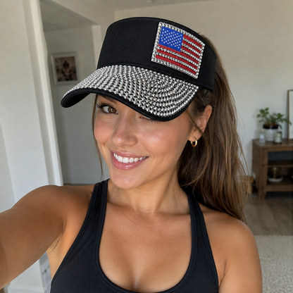 American Flag Sparkling Rhinestone Sun Visor Hat for 4th July – Patriotic Hat