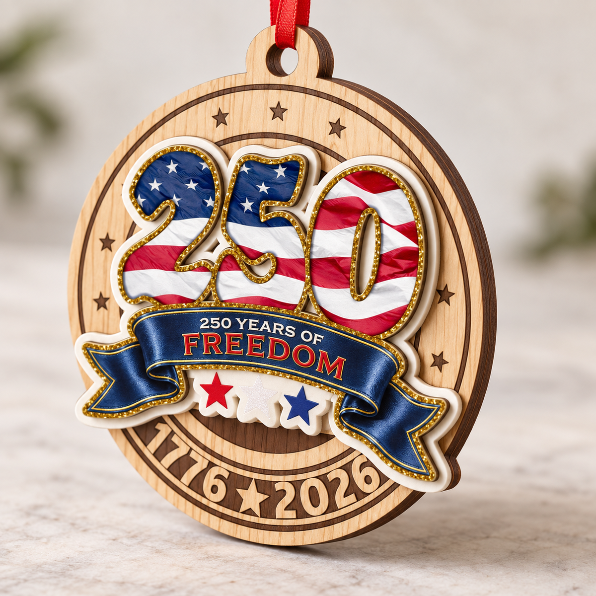 American 250th Anniversary Flag Wooden Ornament – Patriotic USA Decor
