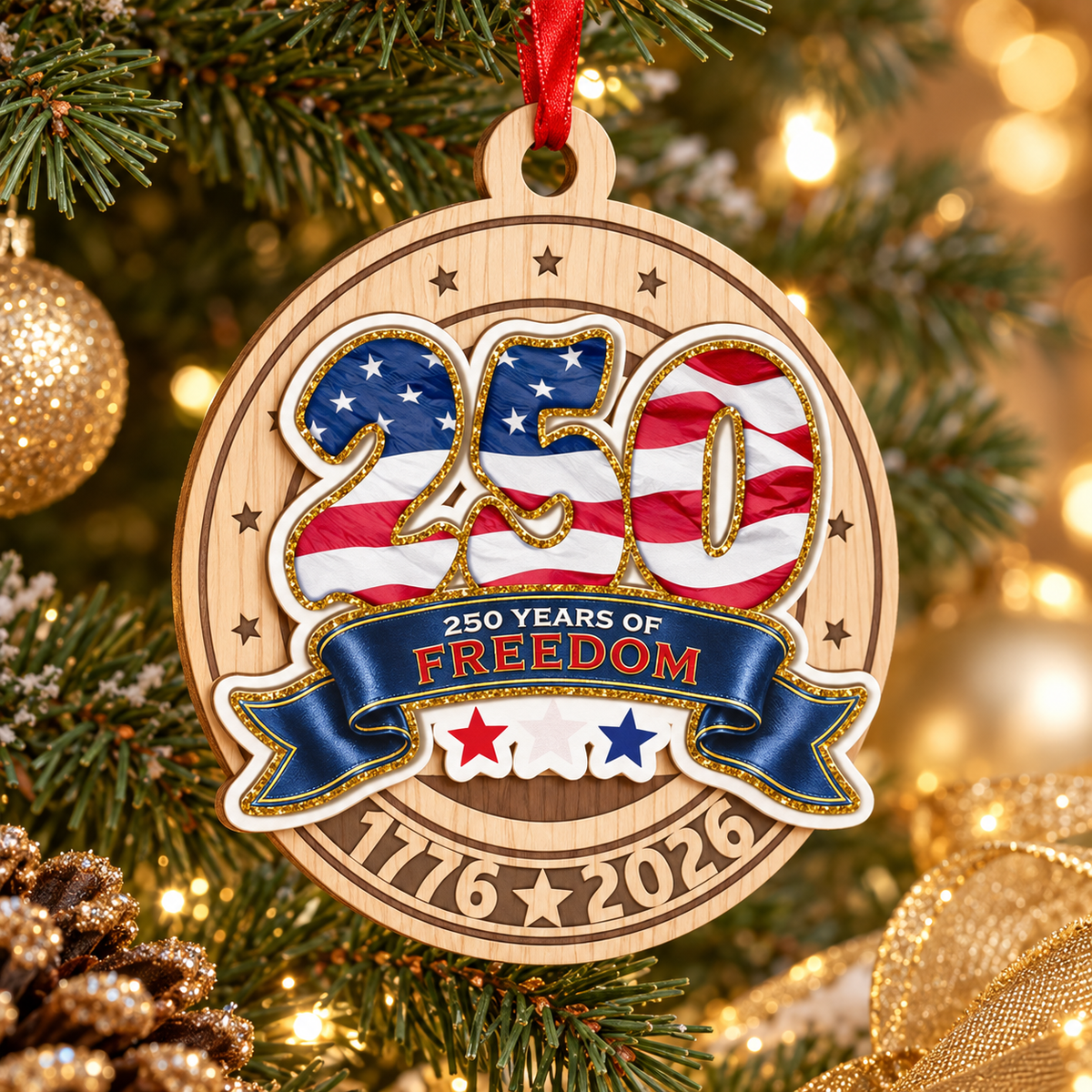 American 250th Anniversary Flag Wooden Ornament – Patriotic USA Decor