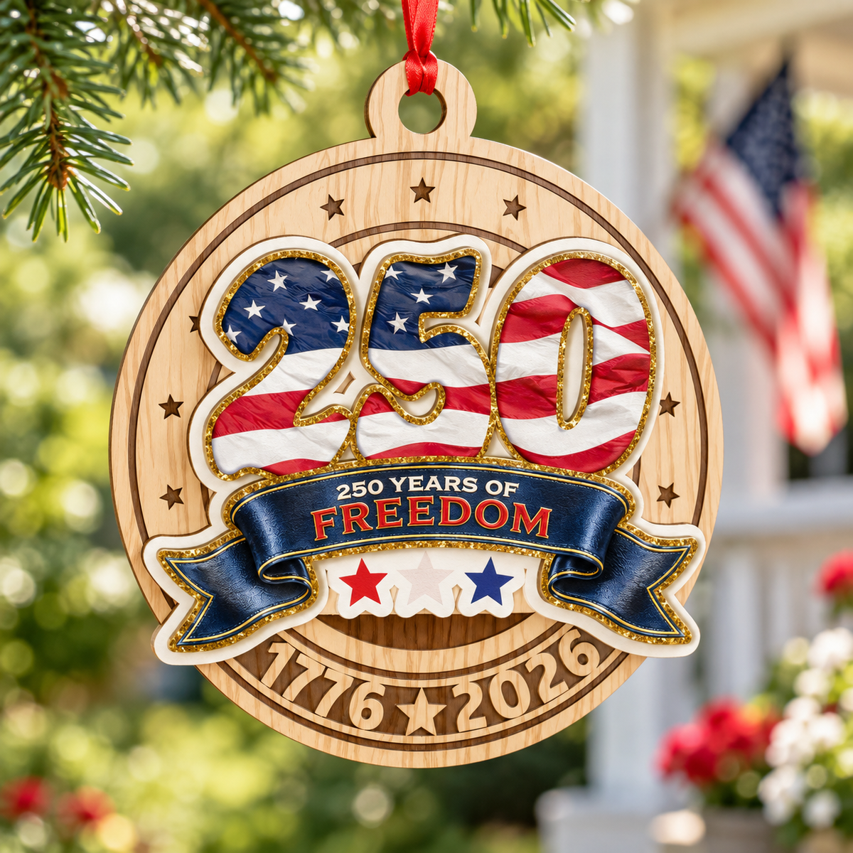 American 250th Anniversary Flag Wooden Ornament – Patriotic USA Decor