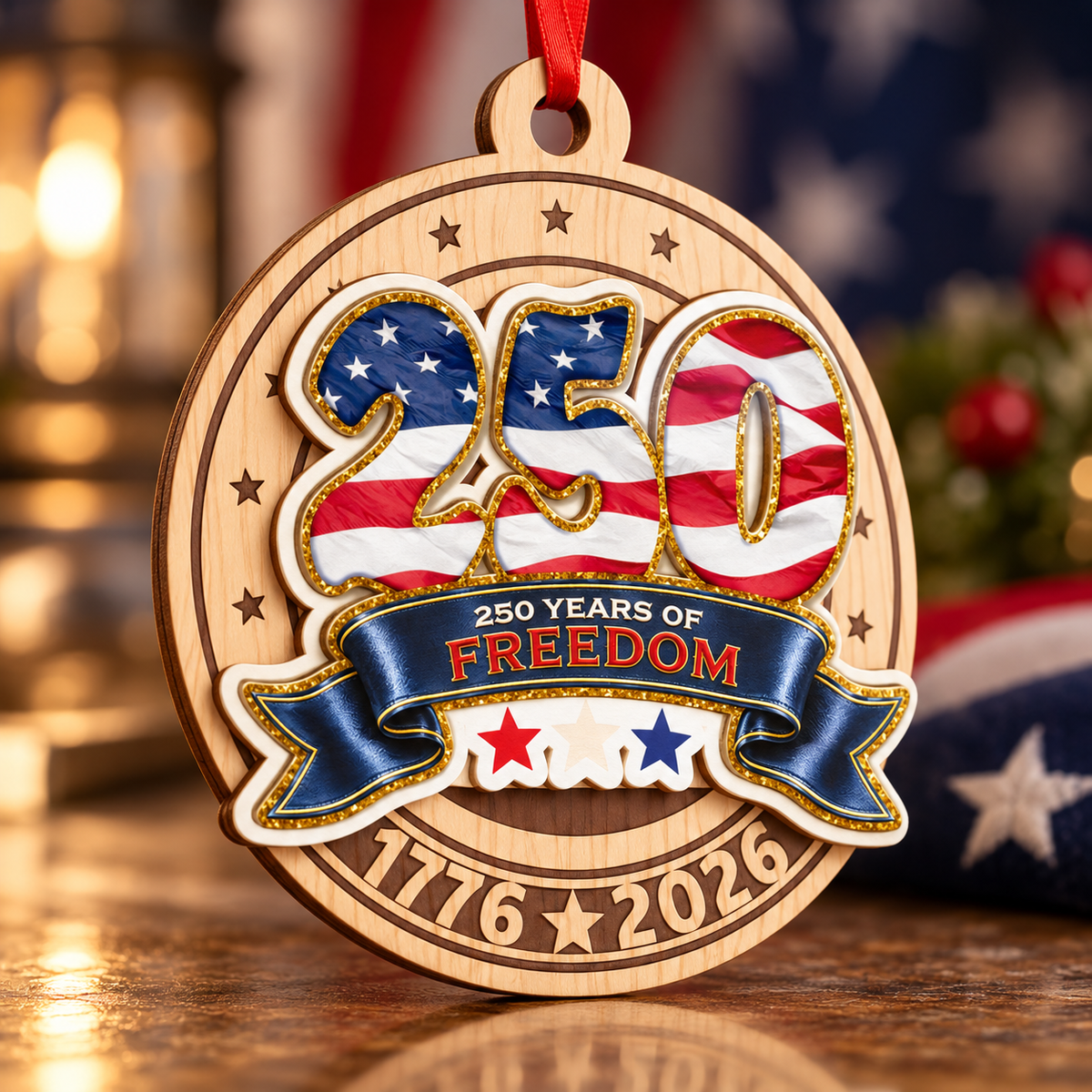 American 250th Anniversary Flag Wooden Ornament – Patriotic USA Decor