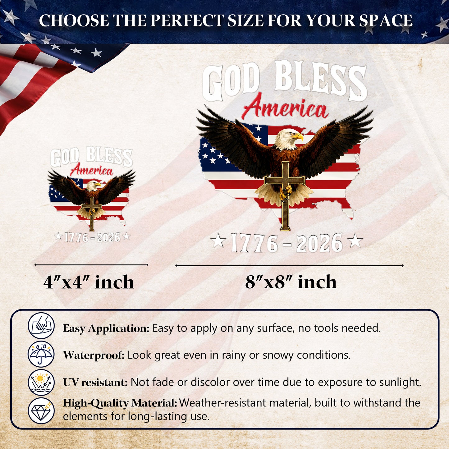 God Bless America 250th Anniversary, Christian Eagle Patriotic Window High Quality UV DTF 3D Decal