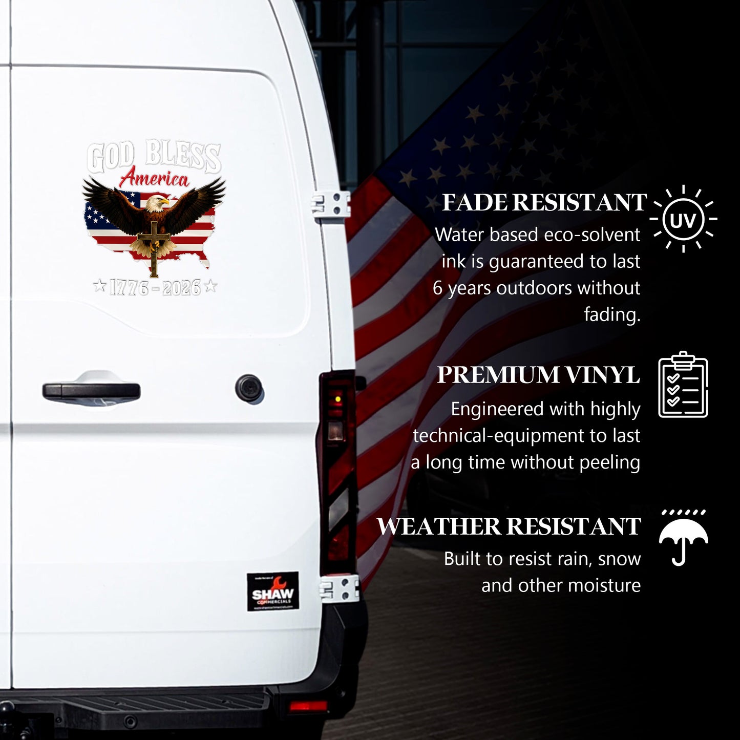 God Bless America 250th Anniversary, Christian Eagle Patriotic Window High Quality UV DTF 3D Decal