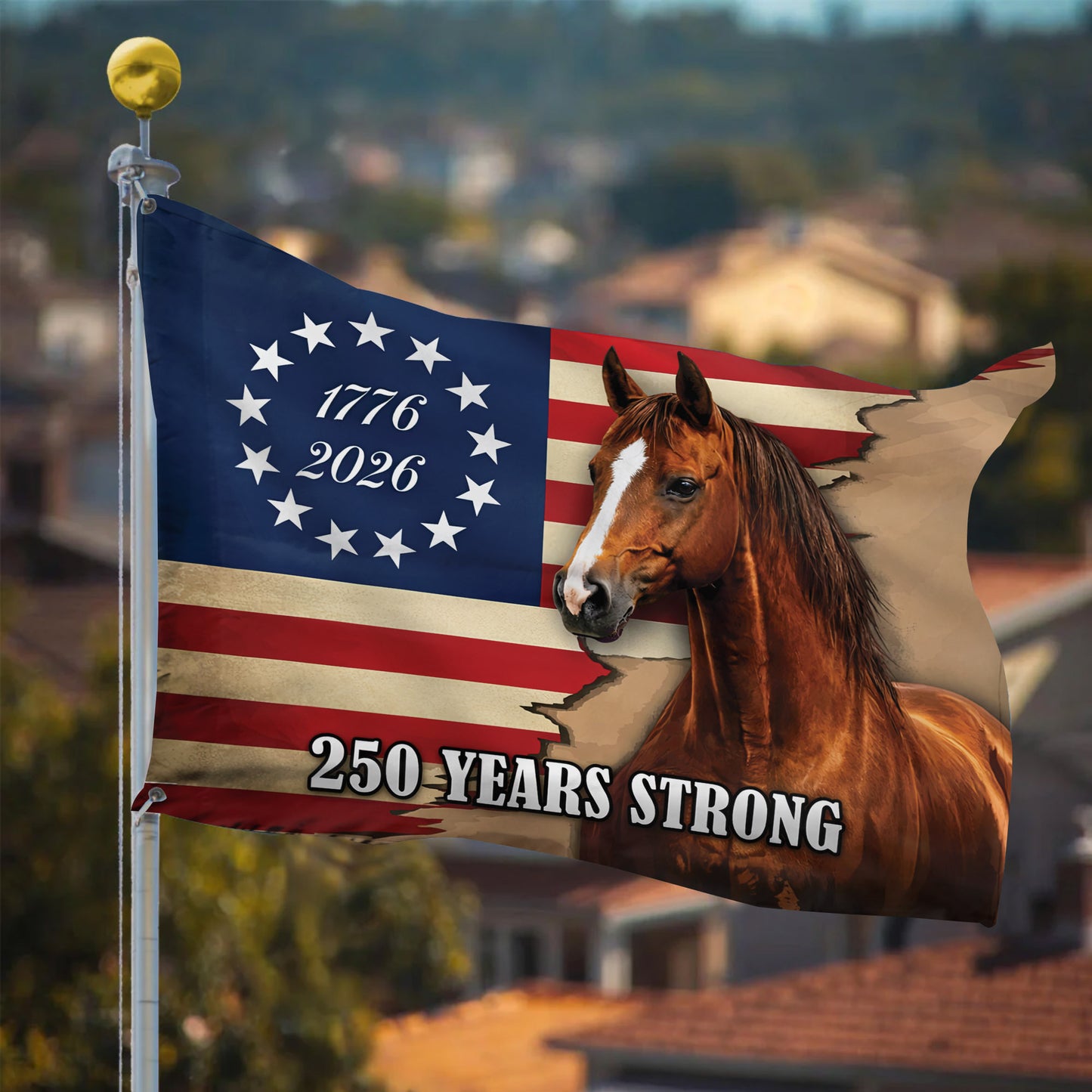 250th Anniversary Flag – 1776 to 2026, Horse & American Flag – 250 Years Strong