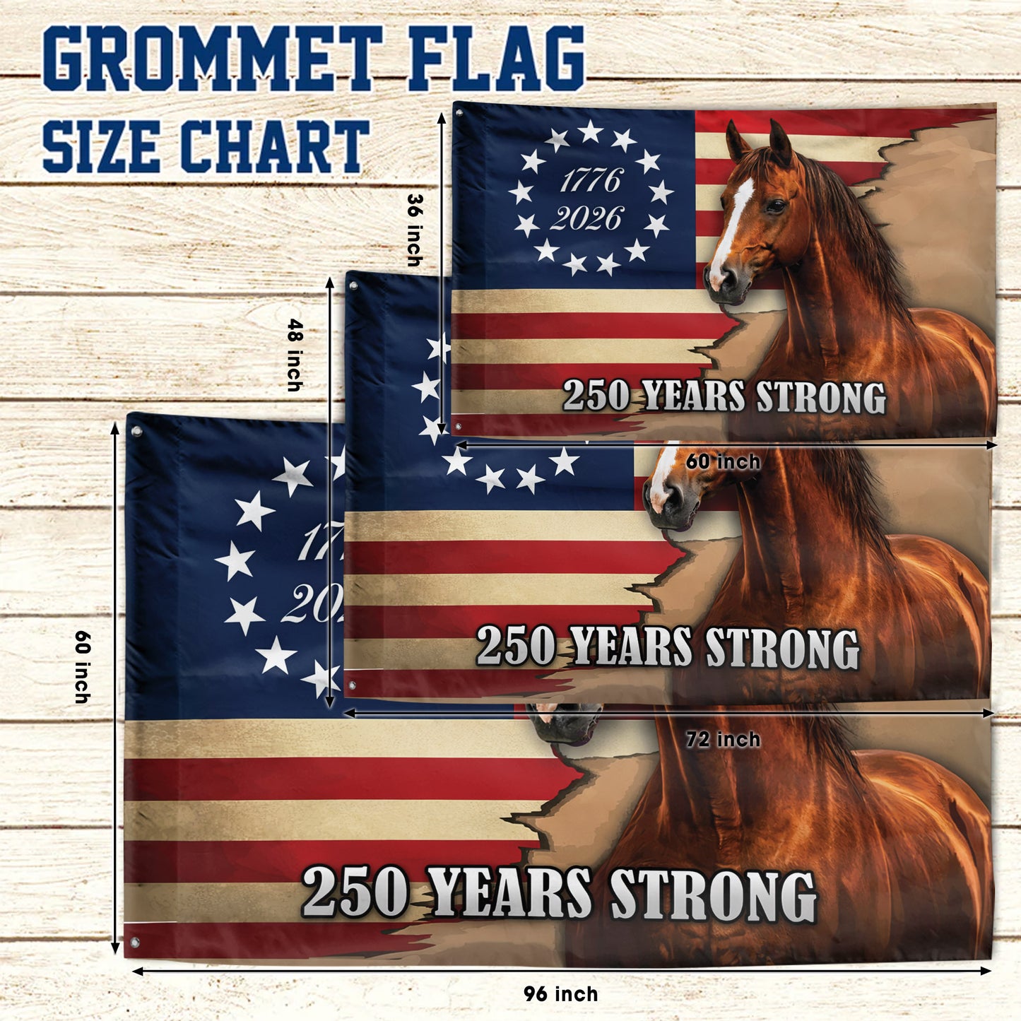 250th Anniversary Flag – 1776 to 2026, Horse & American Flag – 250 Years Strong
