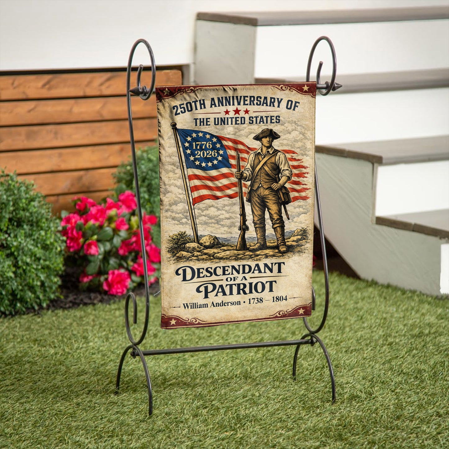 Personalized Descendant Of A Patriot 250th Anniversary Flag, Patriotic American Flag Decor