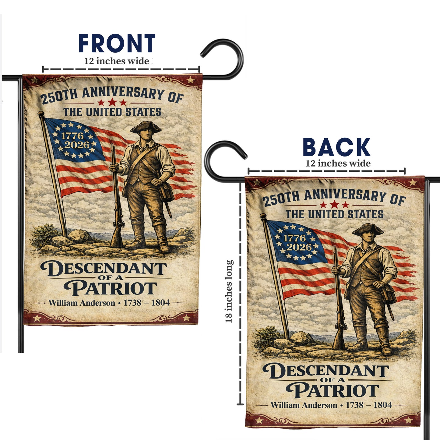 Personalized Descendant Of A Patriot 250th Anniversary Flag, Patriotic American Flag Decor