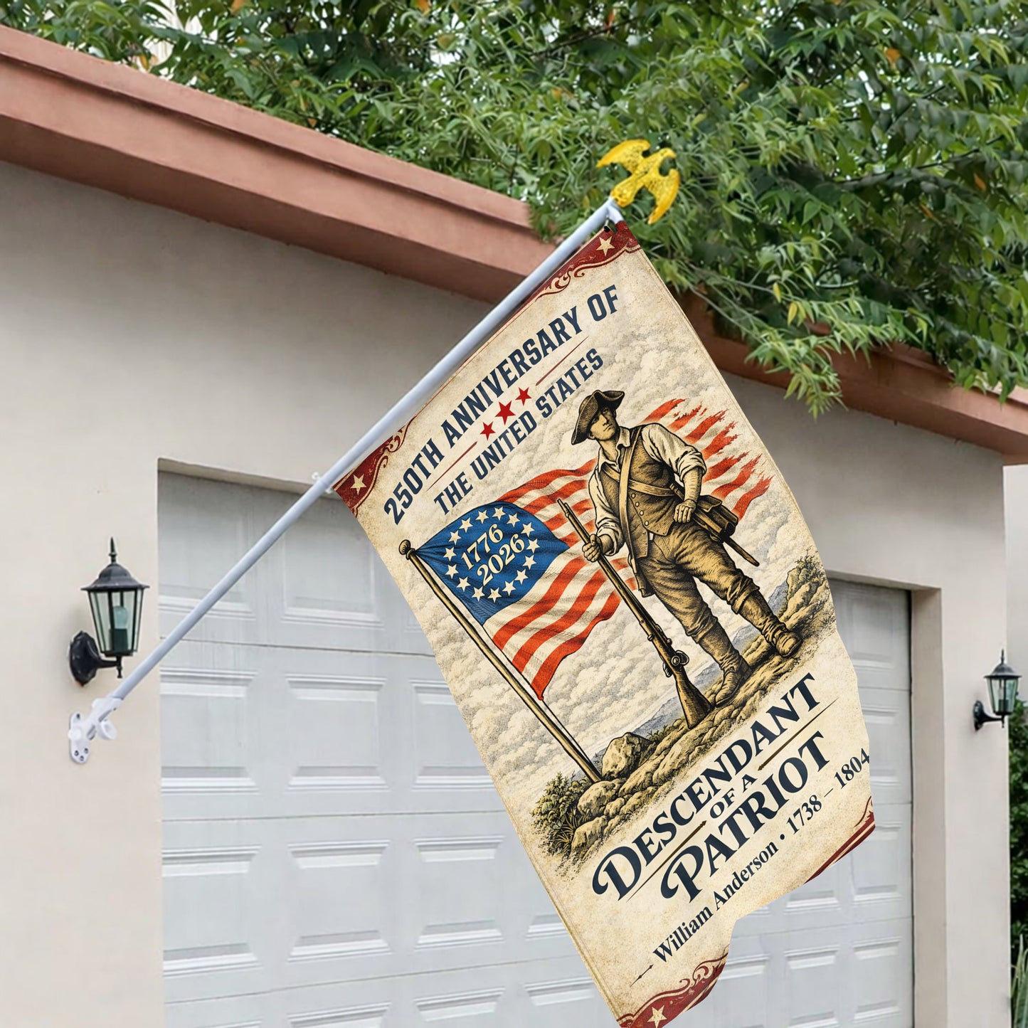 Personalized Descendant Of A Patriot 250th Anniversary Flag, Patriotic American Flag Decor