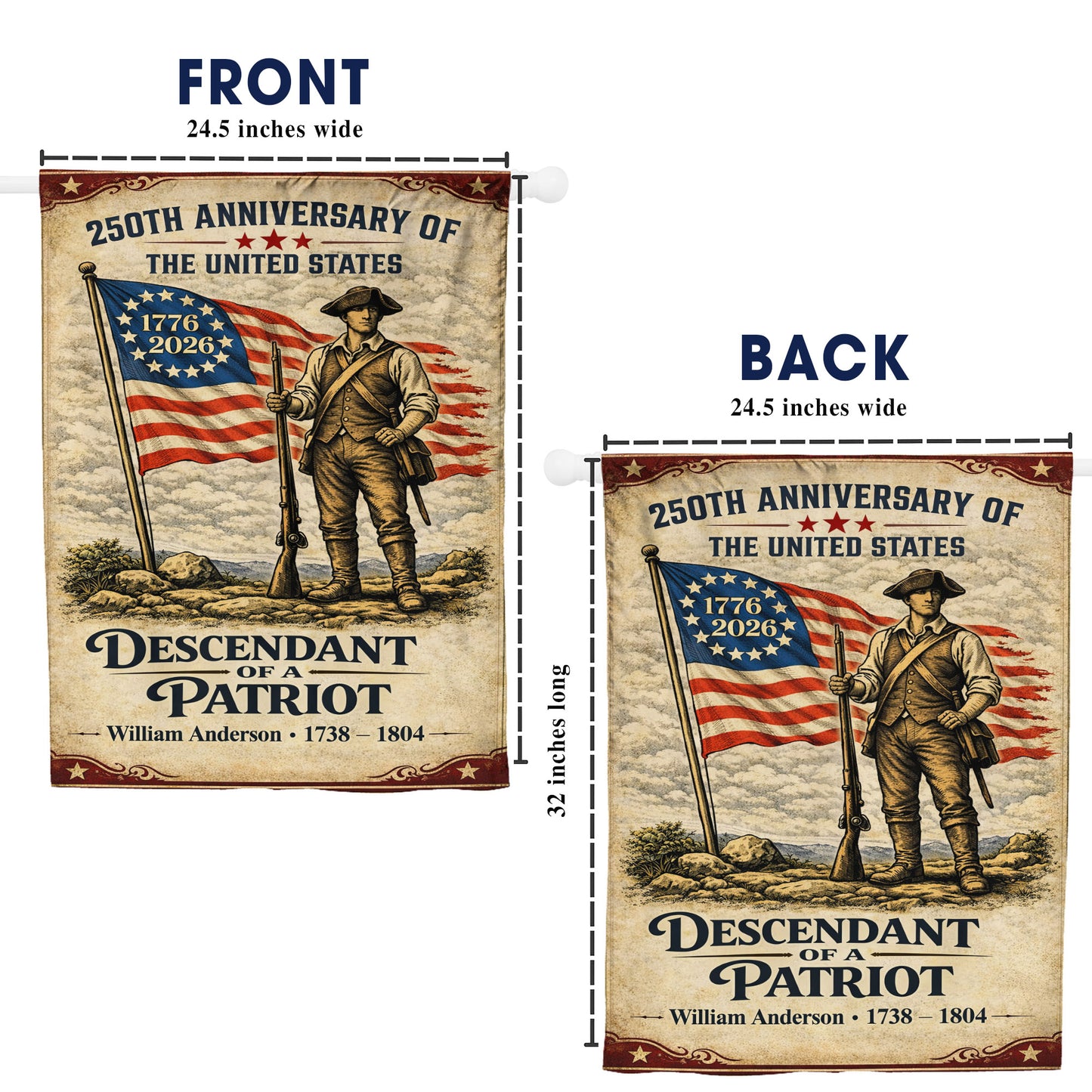 Personalized Descendant Of A Patriot 250th Anniversary Flag, Patriotic American Flag Decor
