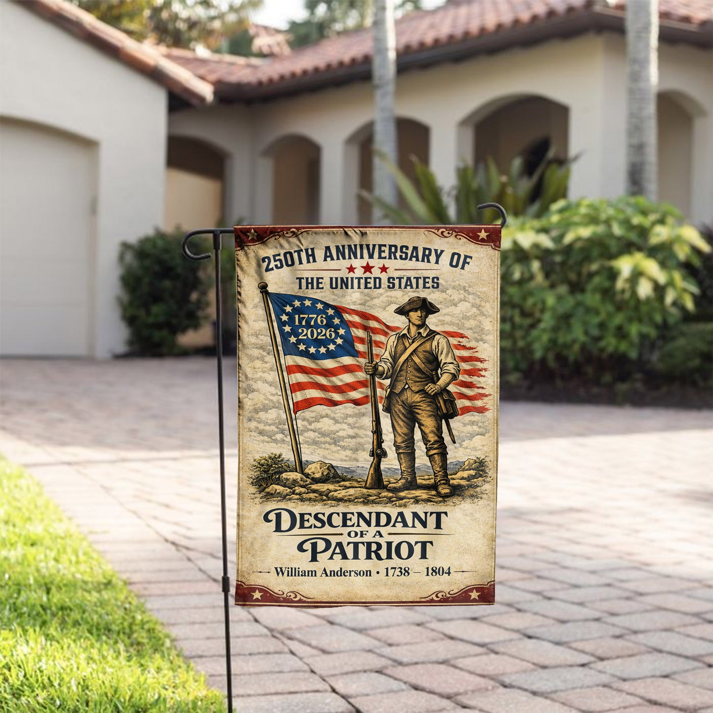Personalized Descendant Of A Patriot 250th Anniversary Flag, Patriotic American Flag Decor