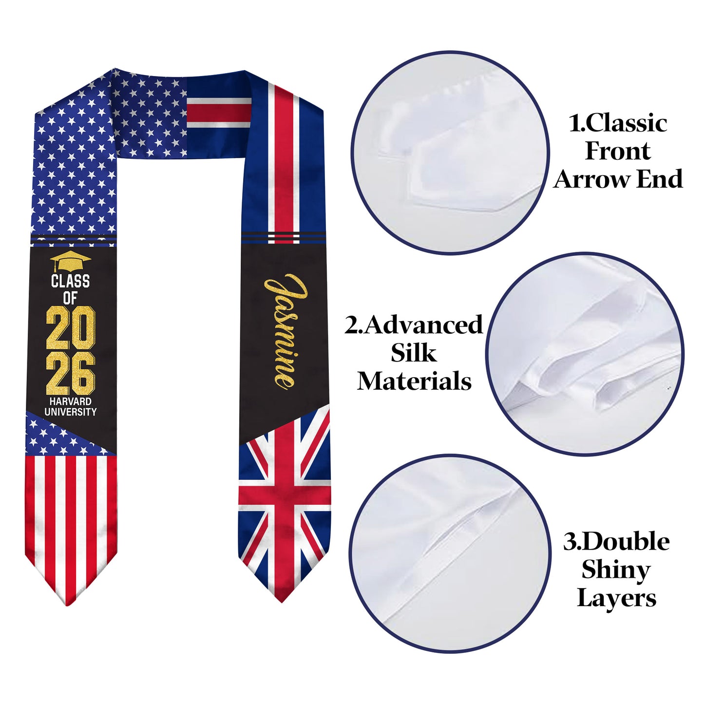 Custom Mixed Flag Graduation Stole Personalized Sash Class of 2026 Flag Stole Gifts