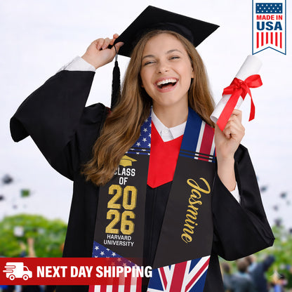 Custom Mixed Flag Graduation Stole Personalized Sash Class of 2026 Flag Stole Gifts